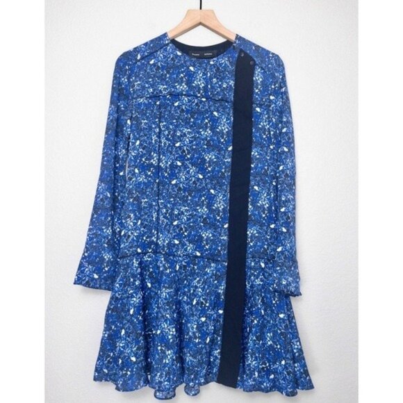 Proenza Schouler Silk Microprint Mini Dress 4 Blue Oversized Contrast Stripe - Picture 1 of 9